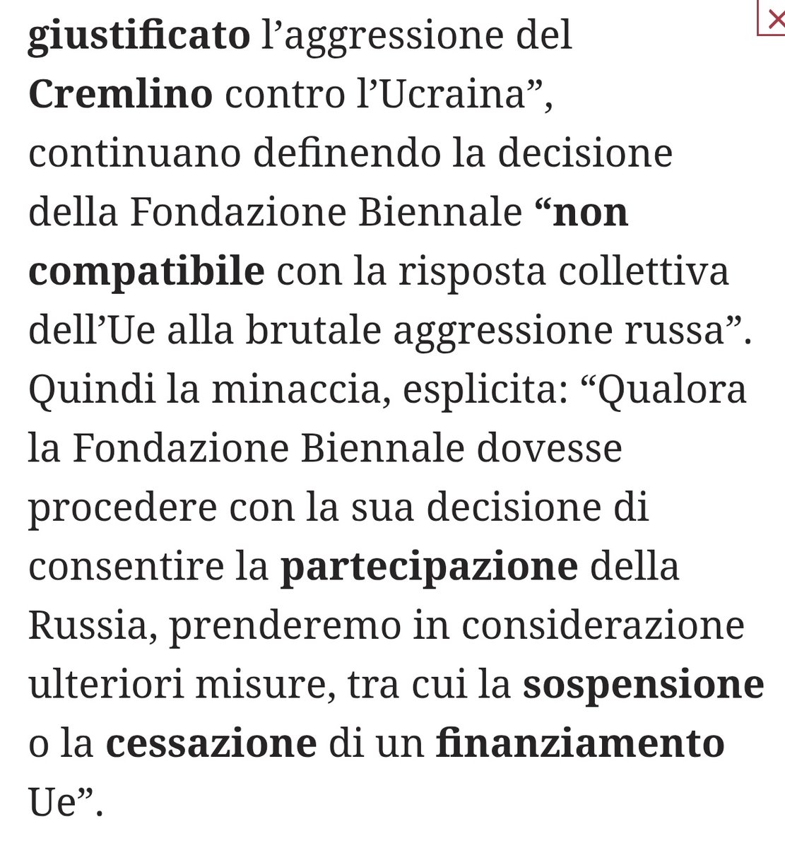 La commissione UE minaccia Buttafuoco: niente più fondi se la Russia sarà presente alla biennale.

PS: i fondi UE sono soldi nostri.
