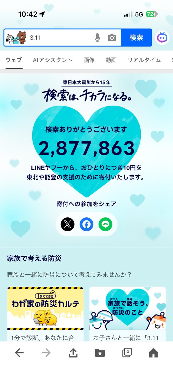 aboutkfjp1719's tweet photo. LINEYahooやるじゃん‼️

Yahooで｢3.11｣で検索すると
10円の寄付をしてくれる❣️

皆さんもよろしくです。

#LINEyahoo https://t.co/KOi11jiu3c