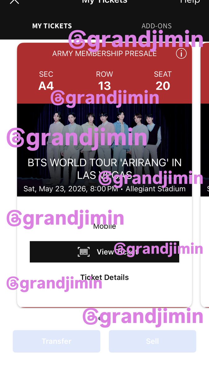 grandjimin's tweet photo. 💜 WTS: 2 tickets to BTS Arirang in Las Vegas for D1 Saturday 5/23/26 in section A4 (not VIP/soundcheck)

Price: FACE VALUE $645/EA

DM if interested, willing to discuss on IG if needed

#BTS_ARIRANG #875ticketsale @875tickets 💜 https://t.co/MKPYoSuhgQ