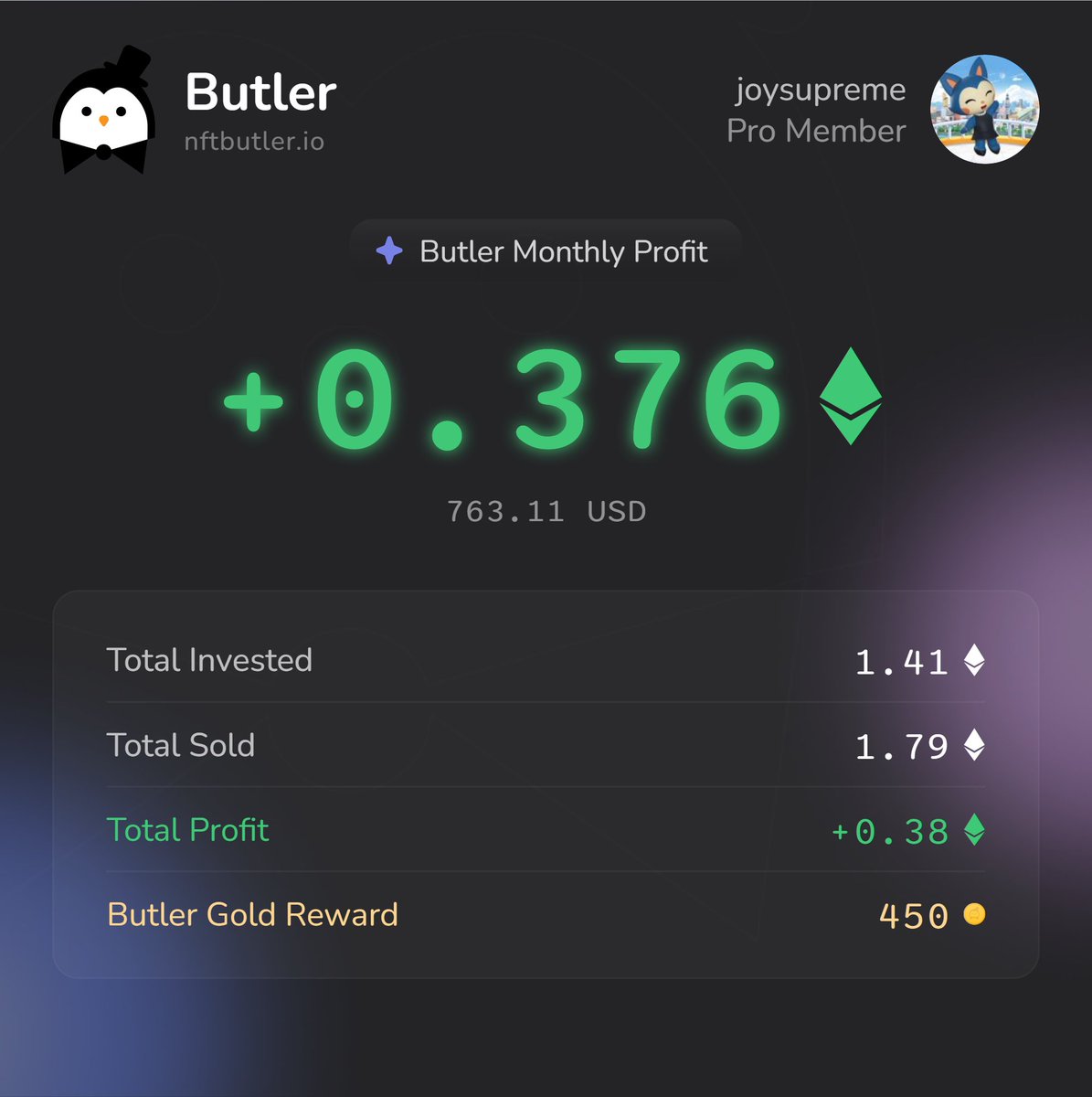 JamesKaiz's tweet photo. 0.376 Ξ in profit made in the last 10 days using @nftbutler 💰📈

Sharing on X to grab my extra 450 Butler Gold 🟠
Bidding’s a breeze with NFT Butler in my arsenal!  🐧

#NFT #NFTCommunity #NFTButler

https://t.co/XlDShonMX5 https://t.co/U4vJOtZI6H
