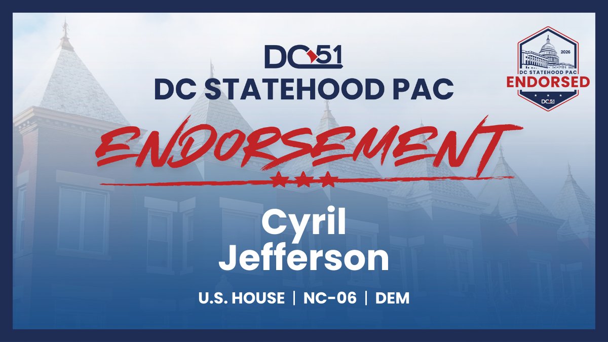 🚨 Endorsement Alert 🚨

We’ve endorsed <a href="/jefferson_cyril/">Cyril Jefferson</a> (D) for U.S. Representative (NC-06) - a strong advocate for #DCStatehood in Congress!

View all our 2026 endorsements 👉 dcstatehoodpac.com/endorsements

Support our advocacy 👉  secure.actblue.com/donate/dc-stat…