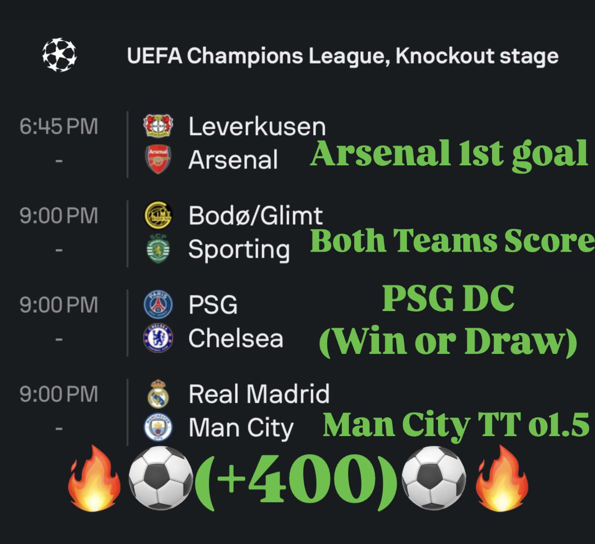 FuckParlays's tweet photo. 🔥⚽️FREE UCL PARLAY⚽️🔥

🇪🇺Man City TT o1.5
🇪🇺Arsenal 1st goal
🇪🇺Bodo BTTS
🇪🇺PSG DC 
(+400)

We’re fucking due…🙏🏻

Good luck to everyone that’s tailing🍀👍🏻 https://t.co/sALBwjOEq8