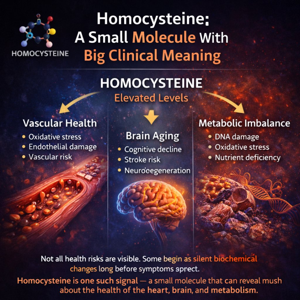 ShardaClinic's tweet photo. Homocysteine: A Small Molecule With Big Clinical Meaning

Many people focus on cholesterol when thinking about heart or brain health.

But there is another metabolic marker that often receives less attention — homocysteine.

Homocysteine is a sulfur-containing amino acid produced during the metabolism of methionine.

Under normal conditions, the body rapidly recycles it through two major biochemical pathways:

• Remethylation – converting homocysteine back to methionine (requires vitamin B12 and folate)

• Transsulfuration – converting it into cysteine (requires vitamin B6)

When these pathways slow down, homocysteine begins to accumulate in the blood.

And that is where the clinical significance begins.

Why Elevated Homocysteine Matters

High homocysteine is not just a number on a blood report.

It reflects metabolic inefficiency and vascular stress.

Elevated homocysteine can:

• Damage the endothelium, the delicate inner lining of blood vessels
• Promote oxidative stress and inflammation
• Interfere with nitric oxide signaling, affecting vascular relaxation
• Increase the tendency toward thrombosis

Over time, these effects may contribute to:

• Cardiovascular disease
• Stroke
• Cognitive decline
• Neurodegenerative disorders

The brain, which depends heavily on healthy microcirculation, is particularly vulnerable.

The Brain Connection

Research increasingly links higher homocysteine levels with brain aging.

Elevated homocysteine may contribute to:

• Reduced cerebral blood flow
• Increased oxidative stress in neurons
• Impaired methylation processes in the brain
• Accumulation of neurotoxic proteins

This is why homocysteine is often discussed in the context of cognitive decline, dementia, and Alzheimer's disease.

Why Homocysteine Rises

Several factors can push homocysteine levels upward:

• Vitamin B12 deficiency
• Low folate intake
• Vitamin B6 deficiency
• Chronic stress
• Poor diet and processed foods
• Smoking and alcohol excess
• Genetic variations in methylation pathways

In many cases, elevated homocysteine reflects a nutritional and metabolic imbalance rather than a single disease.

A Clinical Insight

Homocysteine is best viewed as a metabolic signal.

It tells us how efficiently the body is handling:

• Methylation
• Nutrient metabolism
• Vascular integrity
• Cellular repair mechanisms

When homocysteine rises, it often signals that these systems are under strain.

Final Thought

Not all health risks are visible.

Some begin as silent biochemical changes long before symptoms appear.

Homocysteine is one such signal —
a small molecule that can reveal much about the health of the heart, brain, and metabolism.