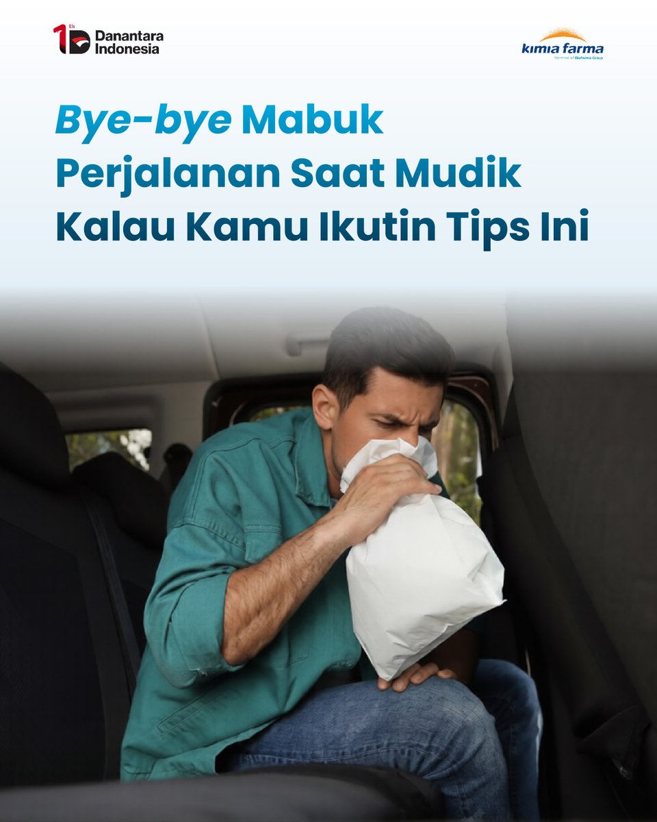 kimiafarmaind's tweet image. Mudik harusnya jadi momen seru, tapi malah rusak gara-gara mabuk perjalanan sepanjang mudik. 🤢

Tapi hal kecil ini bisa bikin perjalanan jauh jadi jauh lebih nyaman dan bebas mual, loh🚗✨

Yuk #SahabarKaef swipe sampai akhir untuk tau tipsnya.

#tipsmudik #harilebaran #antimo