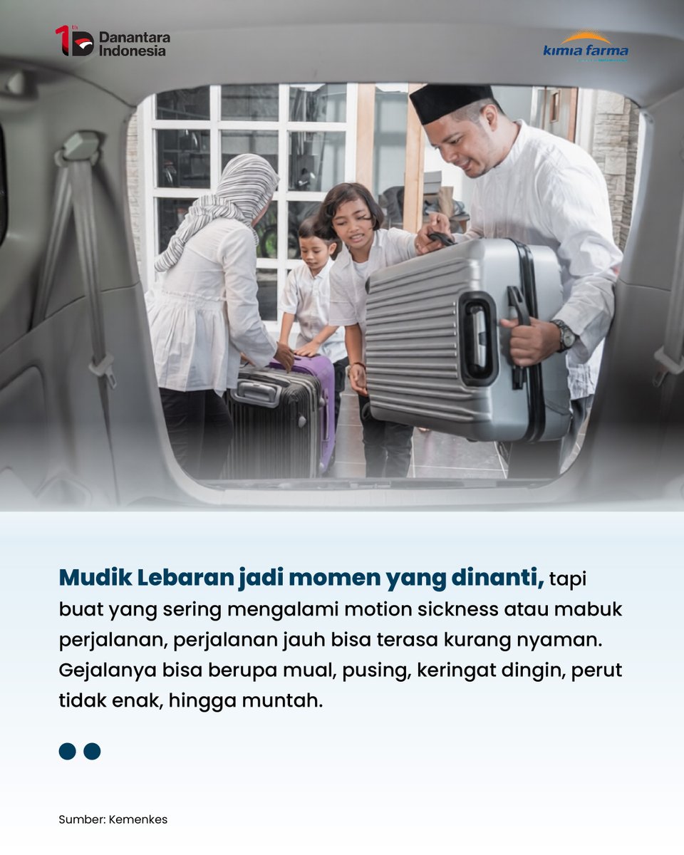 kimiafarmaind's tweet image. Mudik harusnya jadi momen seru, tapi malah rusak gara-gara mabuk perjalanan sepanjang mudik. 🤢

Tapi hal kecil ini bisa bikin perjalanan jauh jadi jauh lebih nyaman dan bebas mual, loh🚗✨

Yuk #SahabarKaef swipe sampai akhir untuk tau tipsnya.

#tipsmudik #harilebaran #antimo