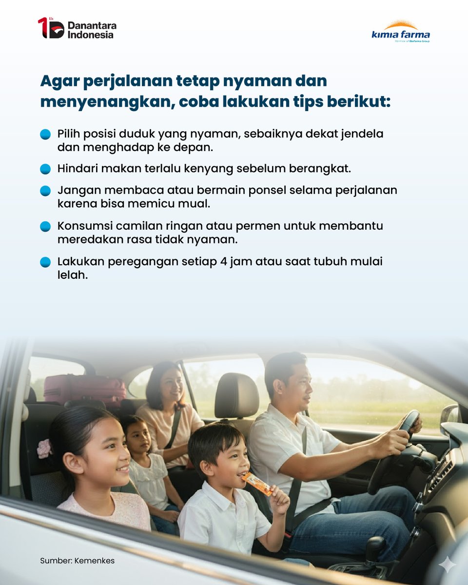 kimiafarmaind's tweet image. Mudik harusnya jadi momen seru, tapi malah rusak gara-gara mabuk perjalanan sepanjang mudik. 🤢

Tapi hal kecil ini bisa bikin perjalanan jauh jadi jauh lebih nyaman dan bebas mual, loh🚗✨

Yuk #SahabarKaef swipe sampai akhir untuk tau tipsnya.

#tipsmudik #harilebaran #antimo