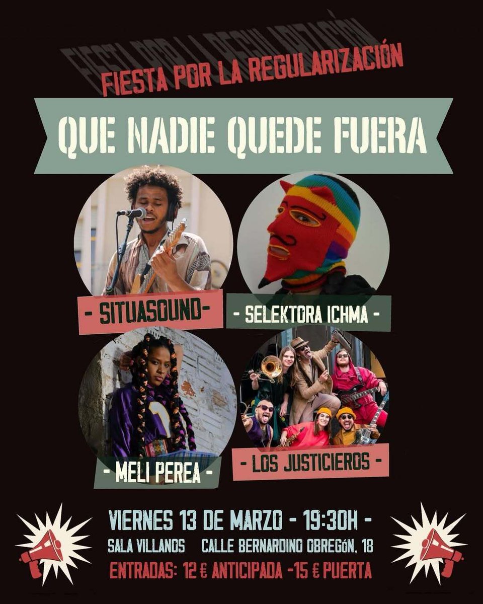 PoderMigrante_N's tweet image. 🎶😮 Viernes 13 mar 19.30h
Que Nadie Quede Fuera: fiesta por la Regularización✊🏽🎶
Noche de celebración, música y apoyo colectivo para recaudar fondos destinados a cubrir costes de procesos de regularización #SazónBateriaRegularización  Frente al racismo, #PoderMigrante