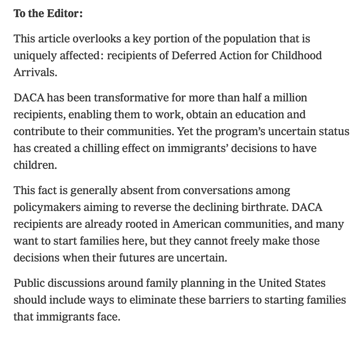 PangolinTop's tweet photo. @TedAPeters @MattHennessey This letter does not cheer falling birthrates. Suggesting DACA recipients may not be starting families despite a desire to do so, and pushing a policy soln. to remove perceived barriers to family formation seems profamily &amp; distinct from the antinatalist hysteria implied by Matt https://t.co/rqJmdNDhac