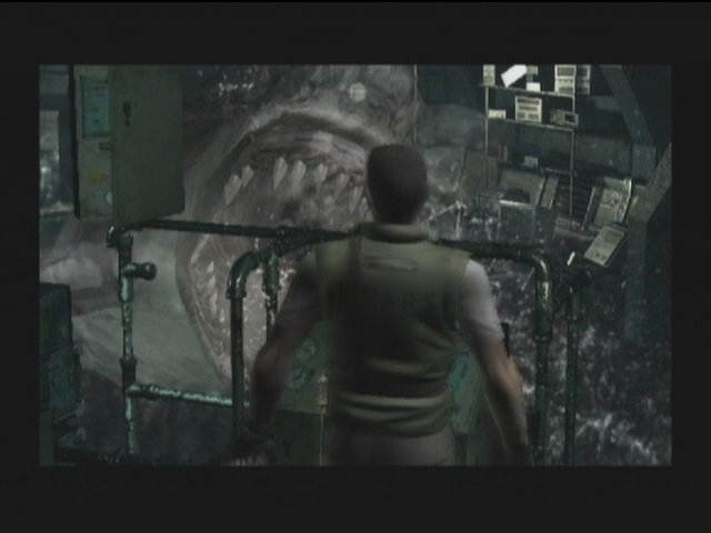 تقنية : في الكود الأصليRE1 كان القرش يمتلك القدرة على الخروج من الماء والزحف لمسافة قصيرة لمطاردة "جيل"، وحُذفت الحركة لأن محرك اللعبة آنذاك لم يستطع معالجة تصادم جسد القرش الضخم مع جدران الممرات الضيقة.