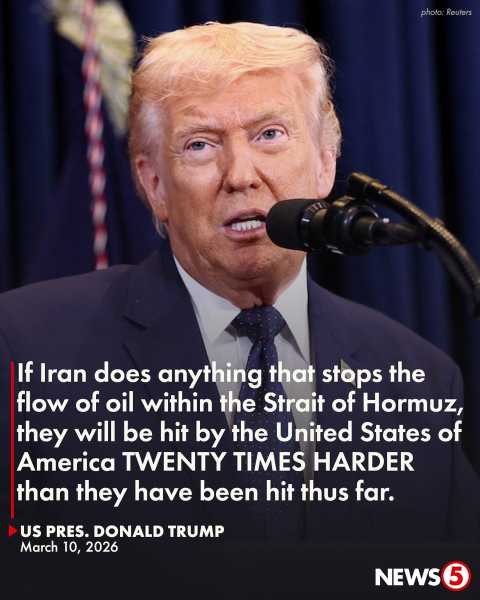 ‘DEATH, FIRE, AND FURY WILL REIGN UPON THEM’

Nagbabala si US Pres. Donald Trump sa mas matinding pag-atake sa Iran kung haharangin nito ang paghahatid ng suplay ng krudo sa Strait of Hormuz sa gitna ng US-Israel strikes.

“Additionally, we will take out easily destroyable