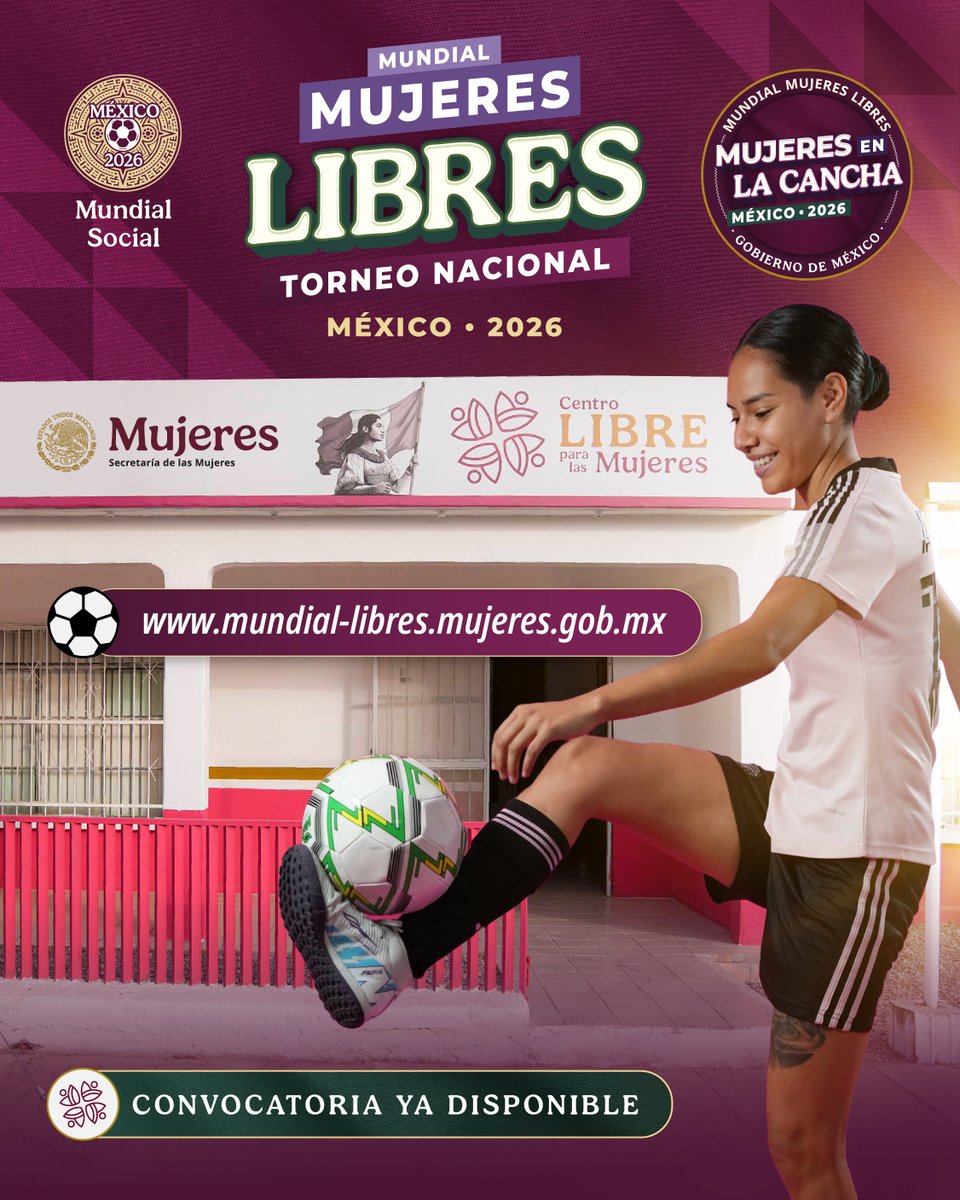 ¡Consulta la convocatoria del Mundial Mujeres LIBRES!⚽️🏃🏽‍♀️

🏟️ Invitamos a las mujeres del país a que se sumen a este Mundial Social 2026 participando en la copa Mundial Mujeres LIBRES un torneo abierto para las mujeres de 18 años en adelante.

Forma tu equipo y registrate en tu