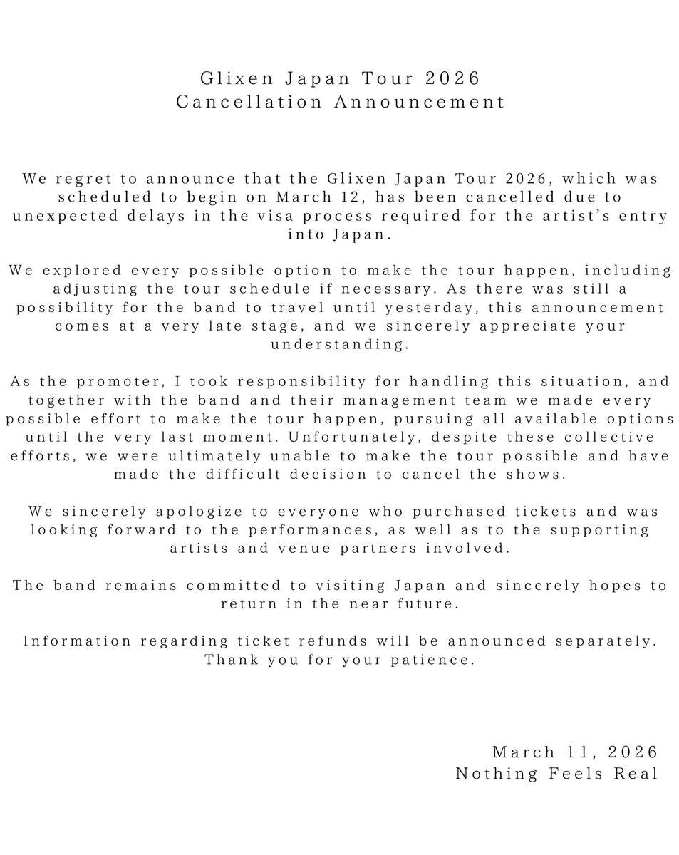 nothingsrealtbh's tweet photo. Glixen Japan Tour 2026 開催中止のお知らせ

詳細は画像をご確認ください。
Please see the attached statement for details. https://t.co/MtN0MD75OO