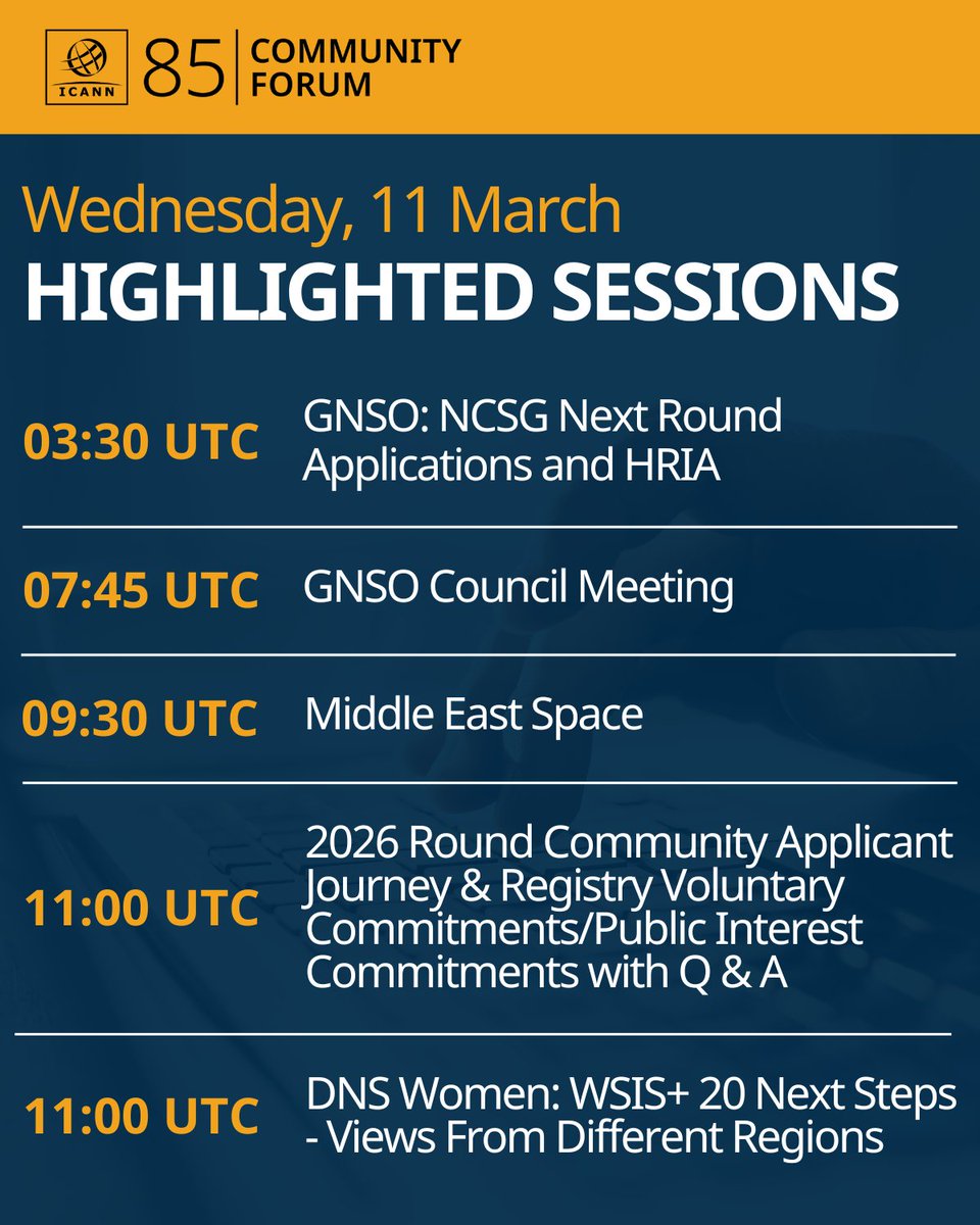 ICANN's tweet image. 🌟 Here are the highlighted sessions for Day 5 at #ICANN85! The Middle East Space session offers a forum for regional discussions and local networking, and the DNS Women session is a great chance to connect and continue important conversations on women in tech across the #ICANN