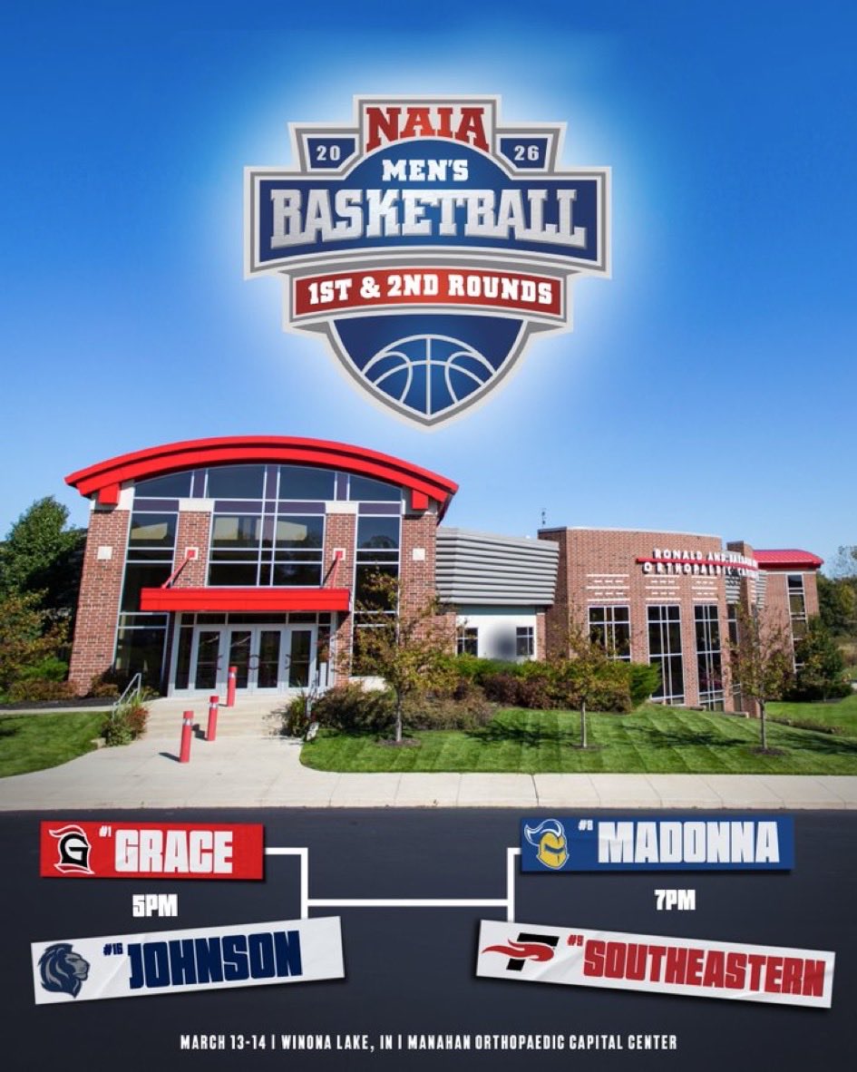 mmtmBruce's tweet photo. NAIA National Tournament
@CascadeHoopTalk @NAIAHoopsReport @MUCrusadersMBB @Crossroads_NAIA @GraceBasketball 
#1 Grace vs #16 Johnson 5:00 ET
#8 Madonna vs #9 Southeastern 7:00 ET
March 13th at Grac https://t.co/BFU55h6n35