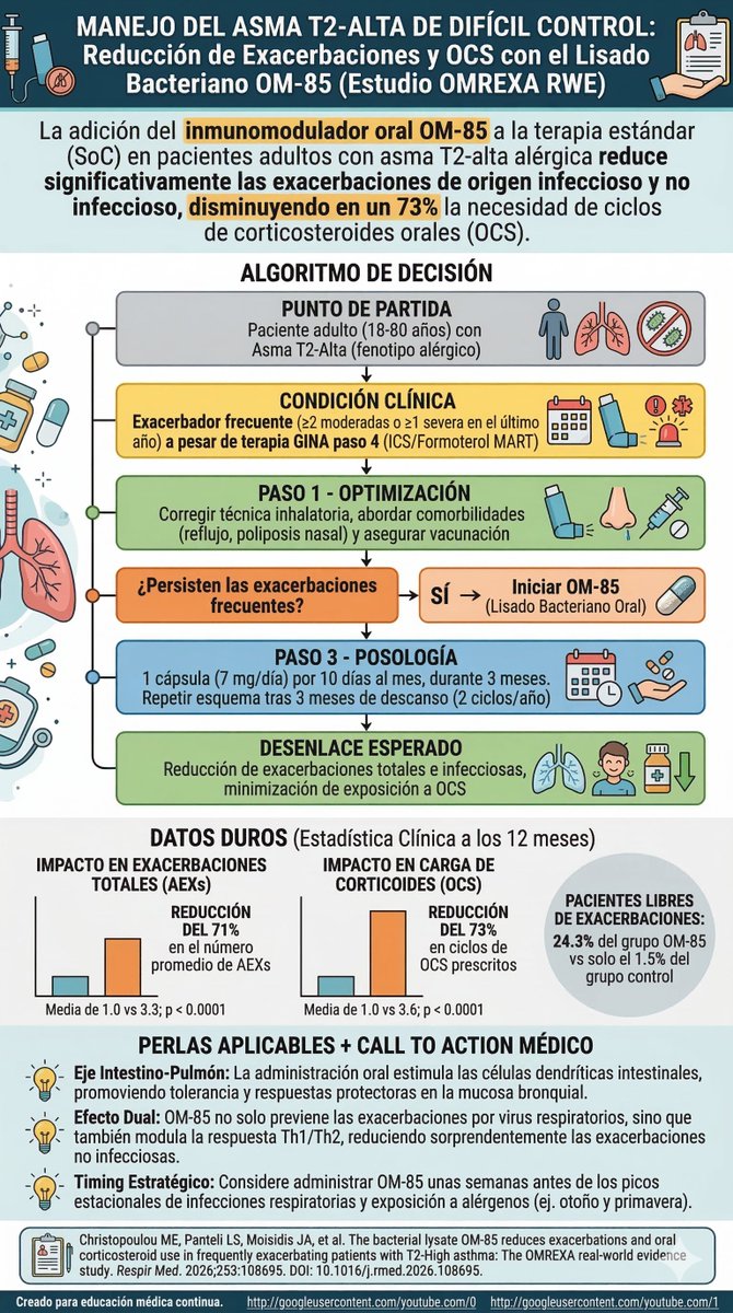 Si tienes pacientes asmaticos que siempre tienen gripa.
Nuevo RWE en asma T2-alta severa 🚨: El estudio OMREXA muestra que añadir el lisado bacteriano OM-85 a la terapia estándar (GINA 4) reduce las exacerbaciones en un 71% y los ciclos de OCS en un 73%. 📉🫁

No solo baja las