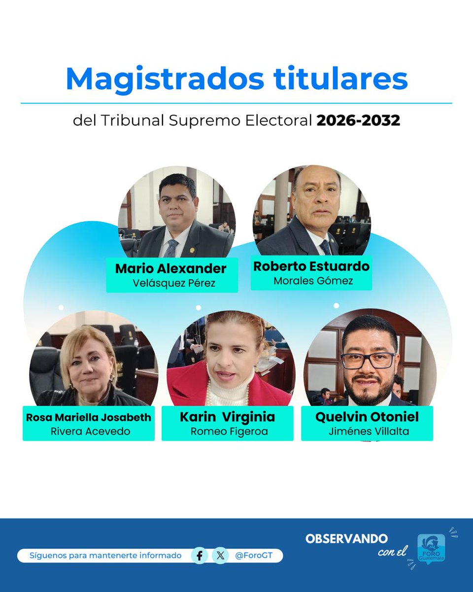 🗳️🇬🇹 Elección de magistrados del TSE 2026-2032

Estos son los 5 magistrados titulares del Tribunal Supremo Electoral para el período 2026-2032, electos por el Congreso de la República.

#TSE2026 
#ObservandoconelFG