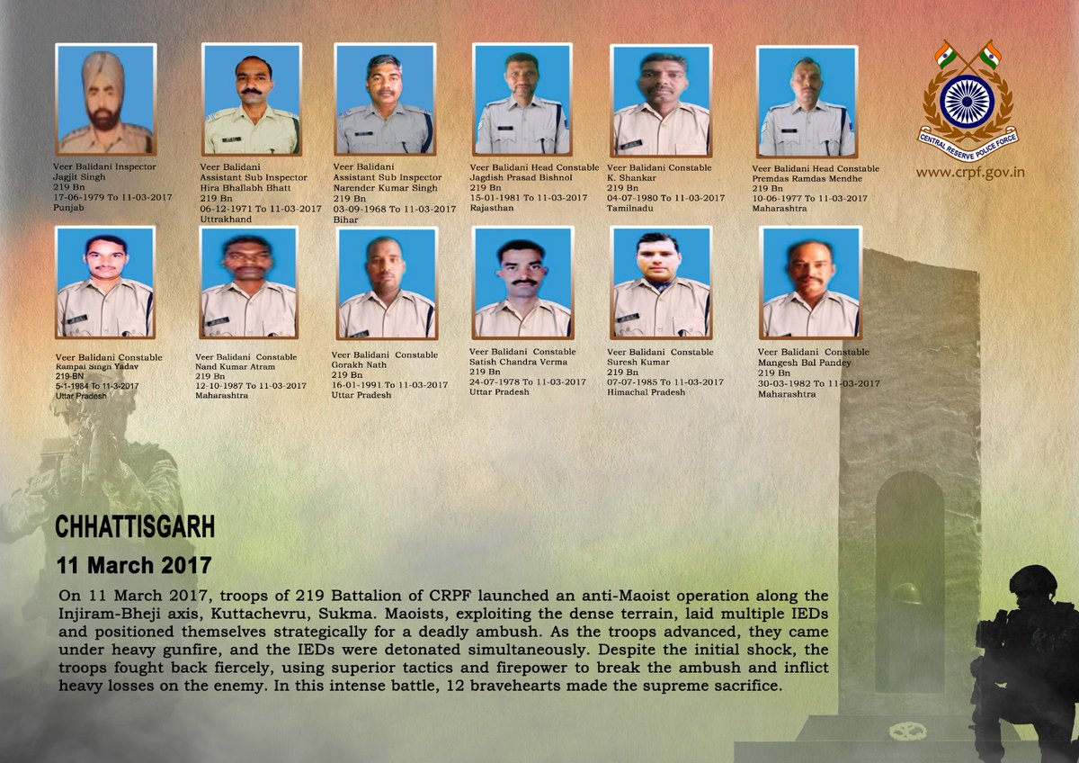 crpfindia's tweet photo. DG and all Ranks of #CRPF pay solemn tribute to twelve valiant troopers of 219 Bn, who made the supreme sacrifice while countering an ambush by Maoists in Sukma, Chhattisgarh on 11 March 2017. #CRPF salutes the bravehearts and pledges never to let their sacrifice go in vain.

#LestWeForget
🇮🇳#Bharat_Ke_Veer🇮🇳