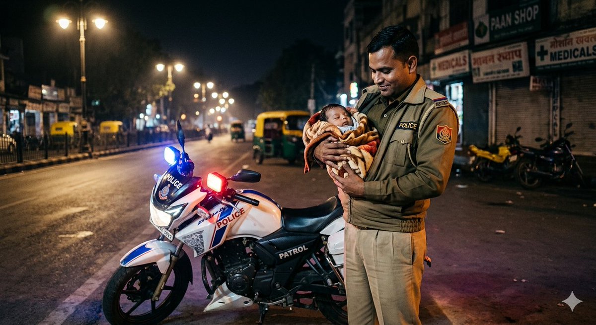 KuchhBhiRandom's tweet photo. Unsung Hero #26 — A story they forgot to tell.

2019, midnight patrol in Hyderabad.

Most of the city was asleep.

Then a faint cry echoed from an empty roadside.

A newborn baby had been abandoned near a trash bin, wrapped in a thin cloth, barely moving in the cold night.

People had passed that road for hours.

No one noticed.

Except Constable Srinivas Reddy.

During his patrol, he heard the weak cry and followed the sound.

What he found shocked him.

Without wasting a second, he picked up the baby, wrapped the child in his own jacket, and rushed to the nearest hospital on his patrol bike.

Doctors said something chilling:

A little more time in the cold… and the baby might not have survived.

That night, Srinivas didn’t just patrol the streets.

He gave a life a second chance.

Some heroes protect the city.
Some protect the future.

#UnsungHeroes #PoliceHero #Humanity #RealLifeHero #India