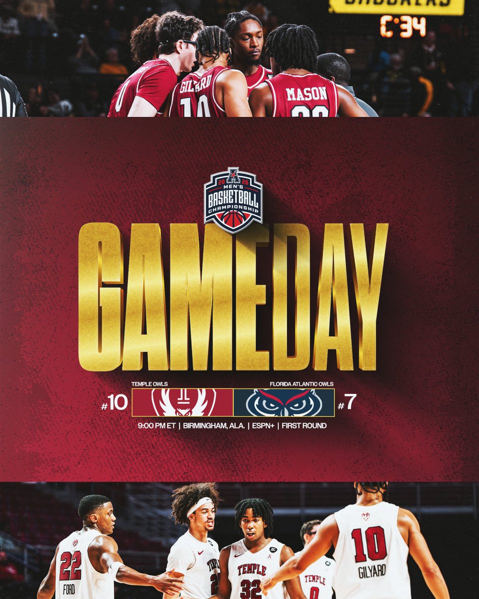 Battle of the Owls in Birmingham.

Temple takes on FAU in the American Conference Championship First Round.

🆚 Florida Atlantic
📍 Legacy Arena
⏰ 9 p.m. ET
📺 ESPN+ – bit.ly/4ljAu78
📻 OwlSports.com/listen
📈 bit.ly/4b8sqRS

#Team130