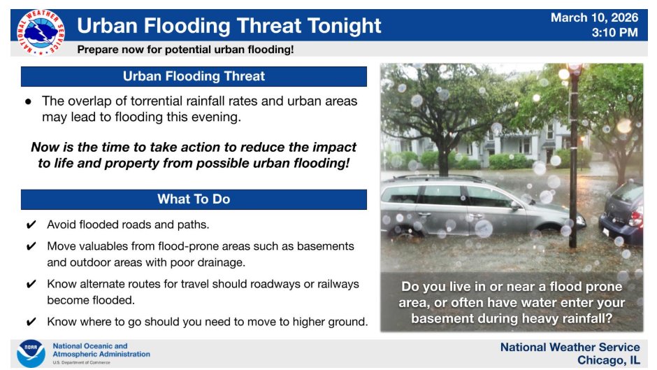 CityofAuroraIL's tweet photo. 🌧️ With significant rainfall hitting the City, and more expected to come during the overnight hours, residents are encouraged to stay prepared for localized flooding.

✅ Be sure to avoid flooded roads and paths, move valuables from flood-prone areas such as basements and outdoor areas with poor drainage, know alternate routes for travel should certain roadways become flooded, and know where to go should you need to move to higher ground.

❗ As a reminder, the City of Aurora is currently under a Flood Advisory and Severe Thunderstorm Watch until 1:30 A.M. and 12 A.M., respectively.