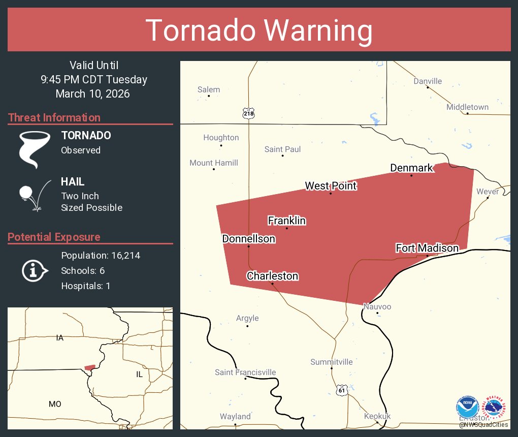 Tornado Warning continues for Fort Madison IA, West Point IA and  Donnellson IA until 9:45 PM CDT