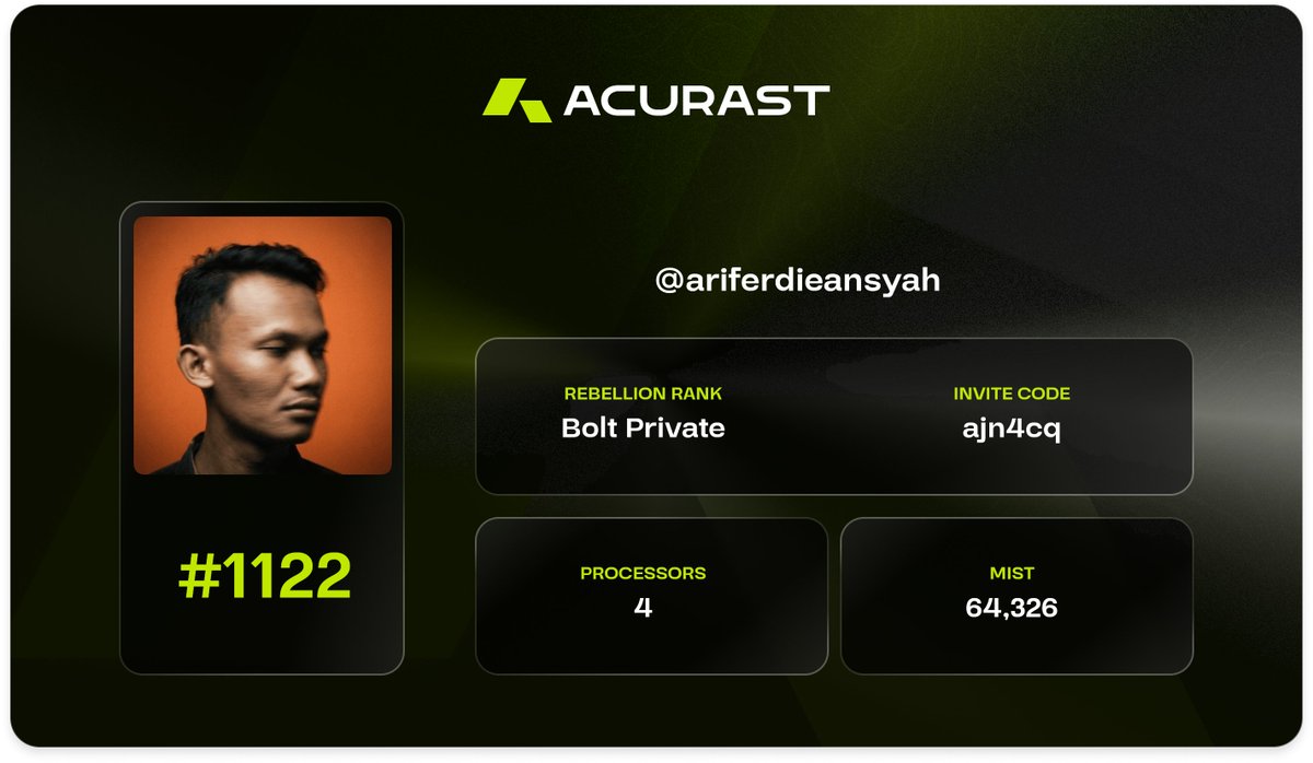 I have just claimed the #1122 <a href="/Acurast/">Acurast</a> ID Card.

TGE is closing in, so make sure to claim yours before it's too late! rebellion-backend.acurast.com/id-card/share/…