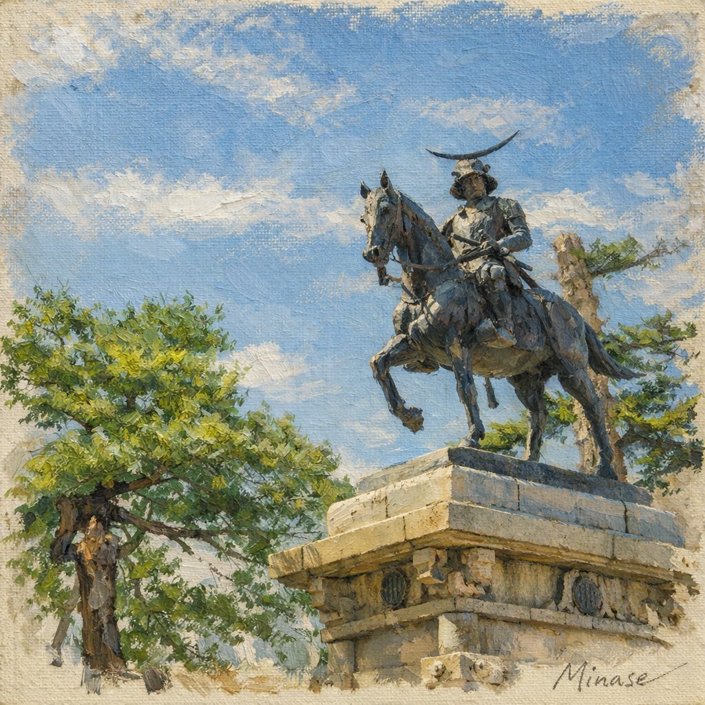 Minase_Short's tweet photo. A samurai watches over the city beneath the blue sky.
Standing there, you can almost feel the weight of history in the wind.

#DateMasamune
#伊達政宗
#Samurai
#Sendai
#OilPainting
#Minase https://t.co/PMHxXbovvw