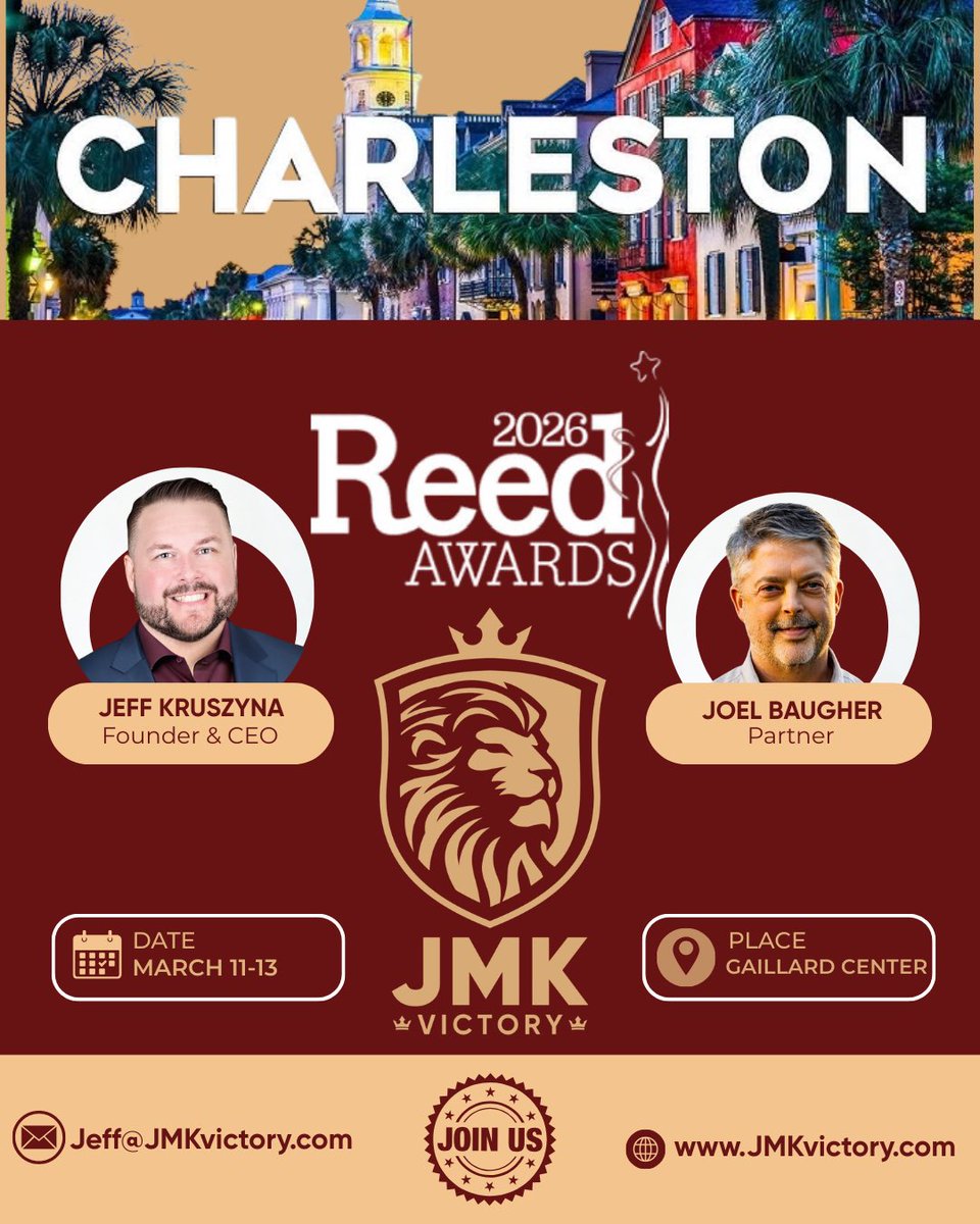 Kruszyna's tweet photo. See you in Charleston, SC for the Campaigns &amp; Elections Reed Awards. 🥇 

JMK Victory 🦁 @Kruszyna @JoelBaugher @jmkvictory 

Connect with:

✅Jeff Kruszyna 🇺🇸 https://t.co/PRnDsLAUkc

✅Joel Baugher 📬  https://t.co/g9sFW6FkCn

@C_and_E https://t.co/cQXjgAEfdl