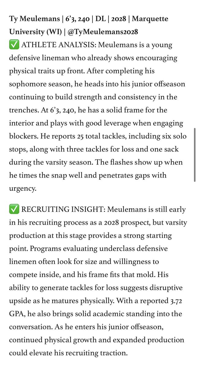 TyMeulemans2028's tweet photo. Appreciate the write-up by @sixstarfootball! Working on my d-line skills with @trenchtraining and my speed and power with @GiffUsStrength. Looking forward to my junior season with @FootballMuhs. #AMGD
@coachjonkahle @CoachHorter @AllenTrieu @NWahlScouting @MJ_NFLDraft https://t.co/xNUhBupxGv