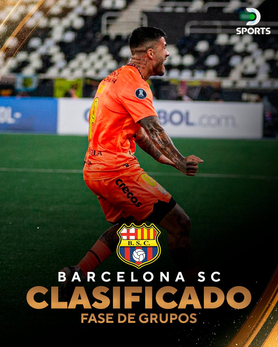DSports's tweet photo. ¡BARCELONA SC DIO UN GOLPE HISTÓRICO Y ELIMINÓ A BOTAFOGO EN BRASIL! 🇪🇨🔥

El equipo de César Farías derrotó 1-0 al Fogao, cerró 2-1 el global y jugará la fase de grupos de la CONMEBOL #Libertadores.

⚽️ Milton Céliz, el gol del triunfo.

📷 BSC / Botafogo https://t.co/RVnXoNS0sy