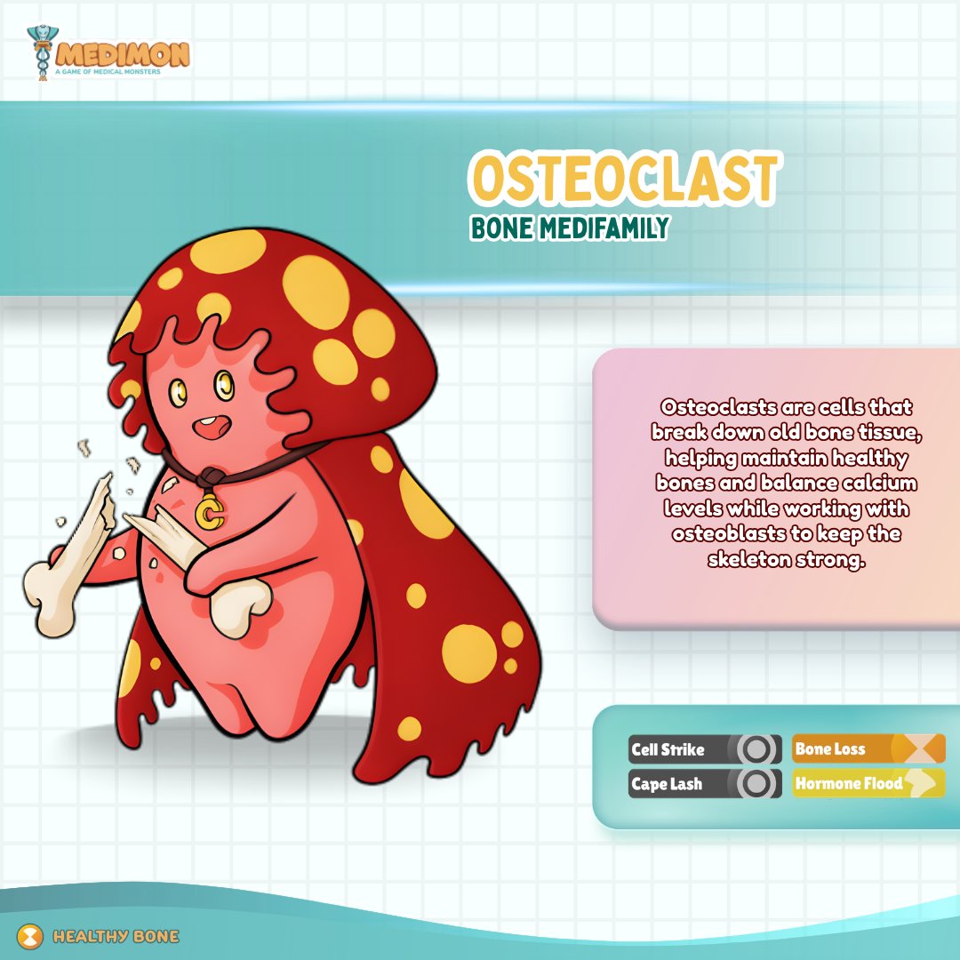 medimongame's tweet image. Meet our Medimon of the Day: Osteoclast!
A specialized bone tissue breaker that clears away old bone 🦴

#ShowcaseThursday #RPG #educationalgames #indiegamedev