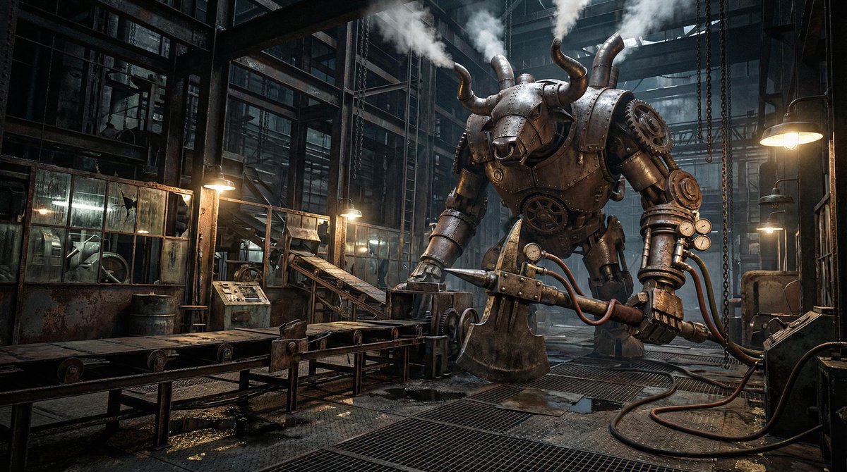 PromptSin's tweet photo. This steampunk bull bot is pulling the most unhinged factory shift ever 🛠️🐂
Tag a friend stuck pulling this exact relentless grind right now
#GenerativeAIArt #IndustrialAIArt https://t.co/mDr1s8p60y