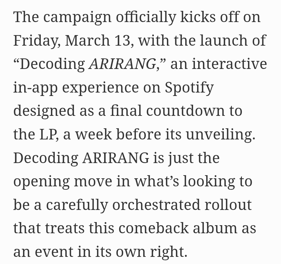 BTS will launch "decoding Arirang" as a countdown for Arirang and there will be pop ups too following their collaboration for spotify with swimside