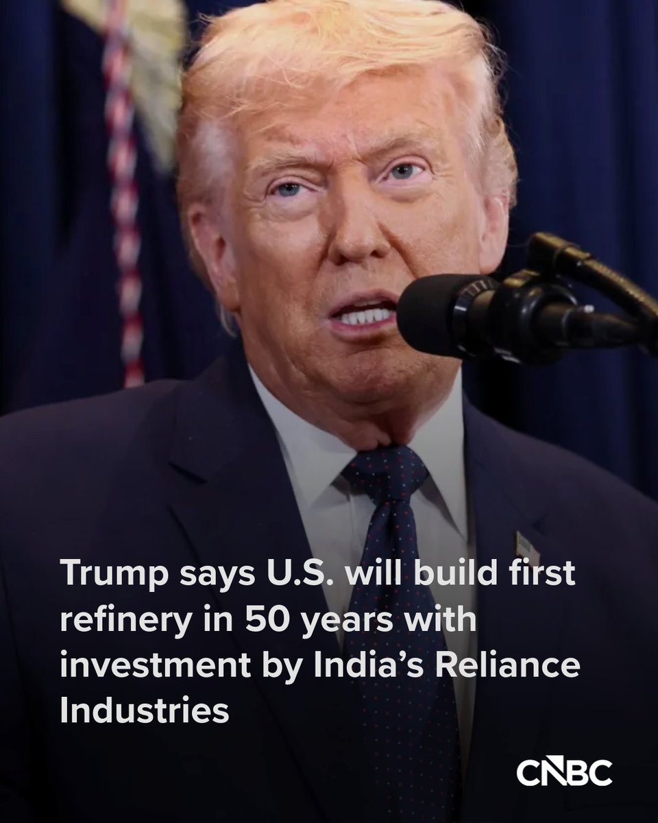 CNBCi's tweet photo. President Donald Trump announced Tuesday that the U.S. will get its first oil refinery in 50 years, funded by investments from Indian billionaire Mukesh Ambani’s Reliance Industries.
➡️The $300 billion plant was planned for Brownsville, Texas, processing U.S. shale oil.
This is a developing story. Please click here for updates: https://t.co/cu2RdpQVSE
