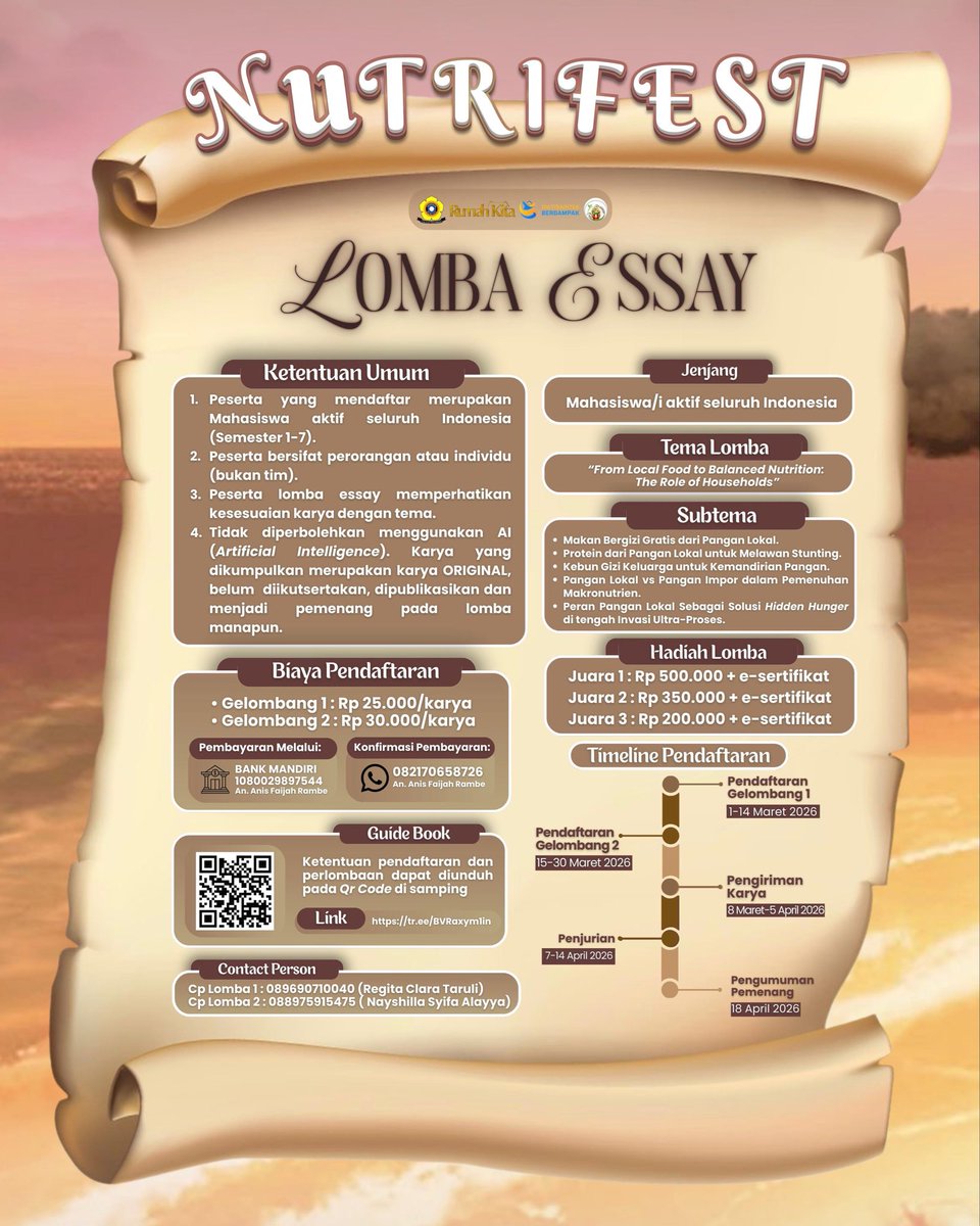 Valerenlee's tweet photo. Haloo guysss ada info lomba buat lomba essay dengan tema “from local food to balanced Nutrition : The role of households” !!
Terbuka untuk semuaa Mahasiswa/i aktif diseluruh indonesia

Buruan daftar Guysss 🤩
 #infolomba #lombaessay #lomba #essay #Gizi https://t.co/BNsPCDcFRJ