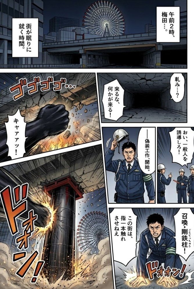 mangablend's tweet photo. JR大阪駅そばの梅田センタービル横手新御堂筋のとつぜん現れた下水管見てバトルシーンのあとっていう思いついたどうでもいいマンガ https://t.co/1zMSKYbc4i