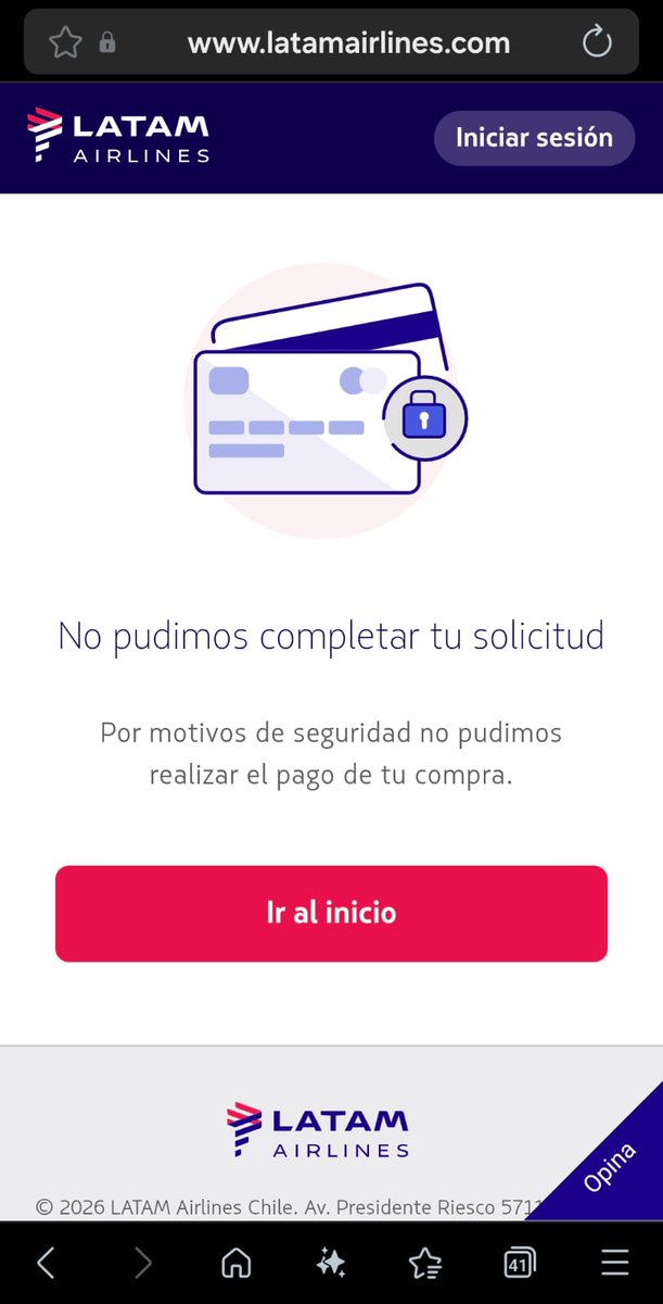 lumgega's tweet photo. @LATAM_CHI @alvarotita @LATAMAirlines @chicodlasmillas @InfoViajera Como hago para comprar un pasaje si todo el tiempo me sale este mensaje no importa la tarjeta que ponga https://t.co/Cb02Ai9EuV