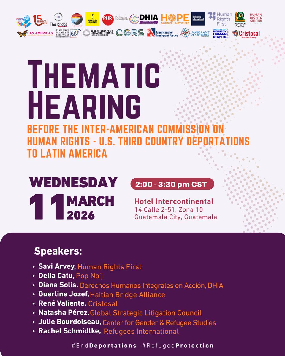 IMUMIDF's tweet image. #SaveTheDate #IACHRhearing #ProtectionNotDeportation
📣 Regional NGO are participating in a public hearing before the @CIDH to examine U.S. deportation policies for third-country nationals, often carried out regardless of their lack of personal ties or support networks.
📅