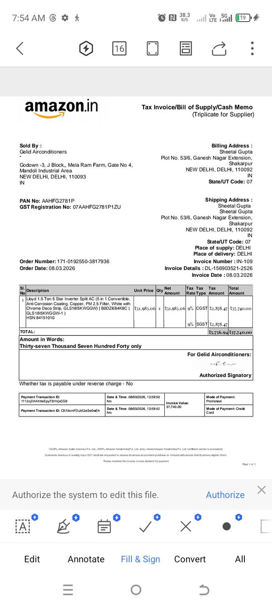 mrperfect100719's tweet photo. Amazon India fraud alert.

Ordered Lloyd 1.5 Ton AC on 8 Mar (₹34,415) but received 1 Ton (2700W on box). Order still shows “On The Way”. Support says no action until update.

How can wrong product be delivered?

Order: 171-0192550-3817936

@amazonIN @AmazonHelp https://t.co/pZ4k88rHvn