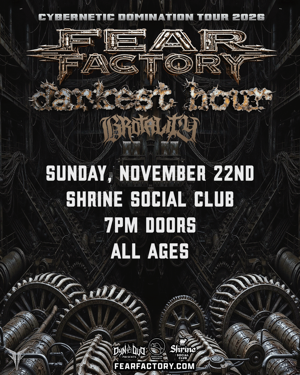 duckclubboise's tweet photo. JUST ANNOUNCED 🔊 DUCK CLUB and @dynaduopresents The legendary heavy metal of @FearFactory  → 11/22 with guests @darkest_hour_official and @brotalityband  🎟️ Tickets on sale Friday 10am MT → https://t.co/tjBclZFiGZ https://t.co/9Z6J1HWdbd