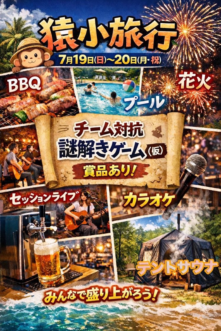 【さる小バンドマン旅行のお知らせ】
さる小バンドマン旅行の開催が決定しました。
📅7/19(日)〜20(月・祝)一泊二日
📍群馬県 泊まれる学校 さる小
