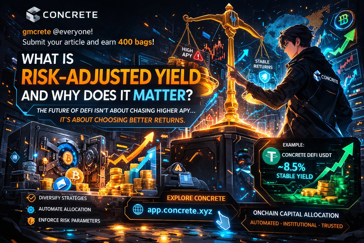 encryptopher's tweet photo. DeFi chased the highest APY, but yield alone is misleading. Risk-adjusted yield weighs returns against volatility, liquidity risk, and sustainability. Managed DeFi with Concrete vaults improves onchain allocation and automated compounding. Explore Concrete https://t.co/QLzv60E16J https://t.co/rI7EthublR