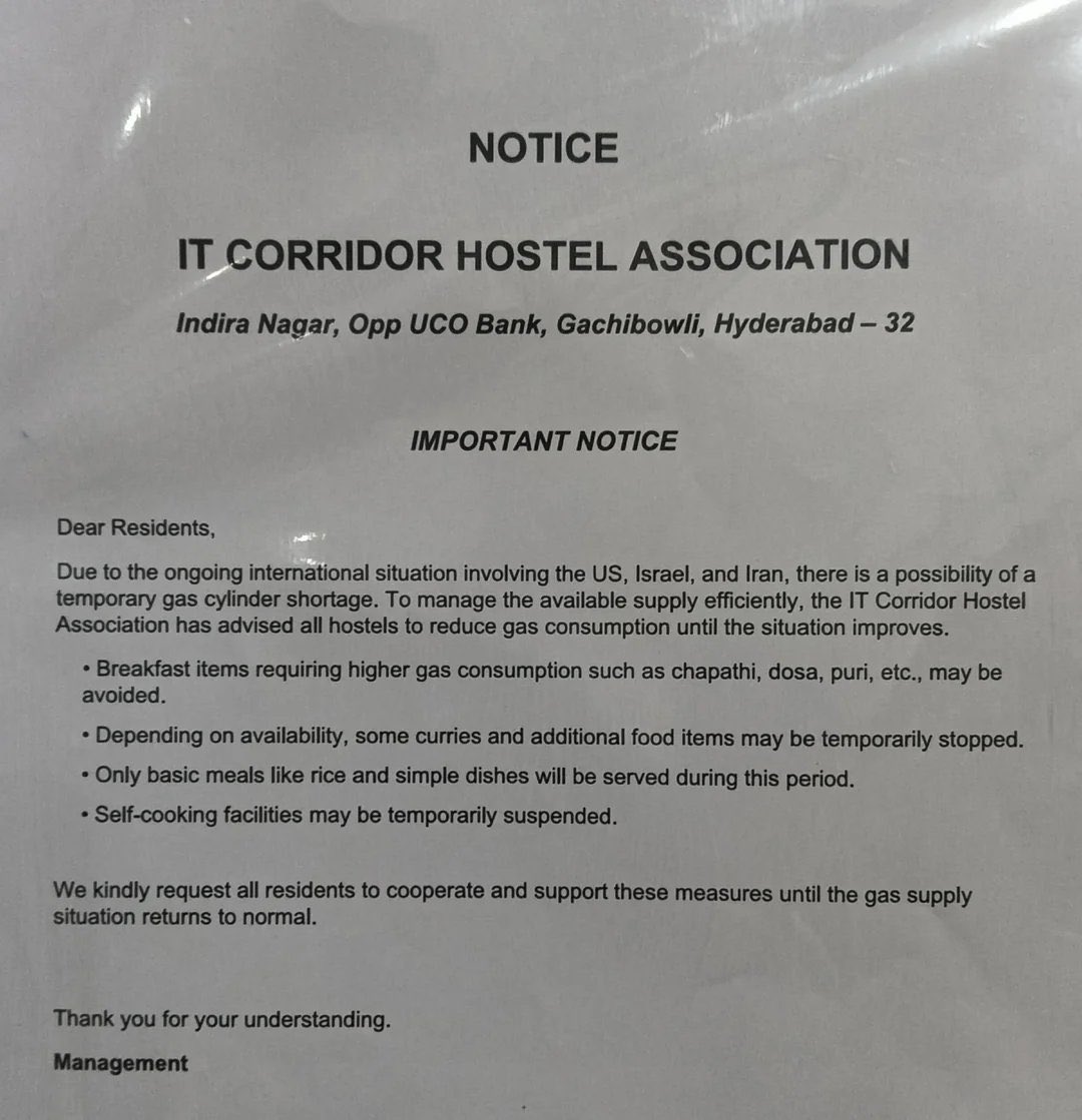 revathitweets's tweet photo. WAR: BREAKING 

The IT Corridor Hostel Association in Hyderabad that comprises of most hostels & PG facilities in Madhapur, Gachibowli, Kondapur has cut down its menu. 

No dosa, puri, chappati and such breakfasts. 

Only basic food - rice and simple dishes will be provided. 

These hostels & PGs are home to many working IT professionals, IT job aspirants and students who came to the city in search of jobs or for getting trained, from other states! 

It was only yesterday that the Indian government announced that the commercial gas supply restrictions & tweaking rules for domestic LPG supply. 

Only day 12 of “the great nation”American war against alleged oppression in Iran. Of course the “why” keeps changing while nations across the world & especially India are feeling the heat!