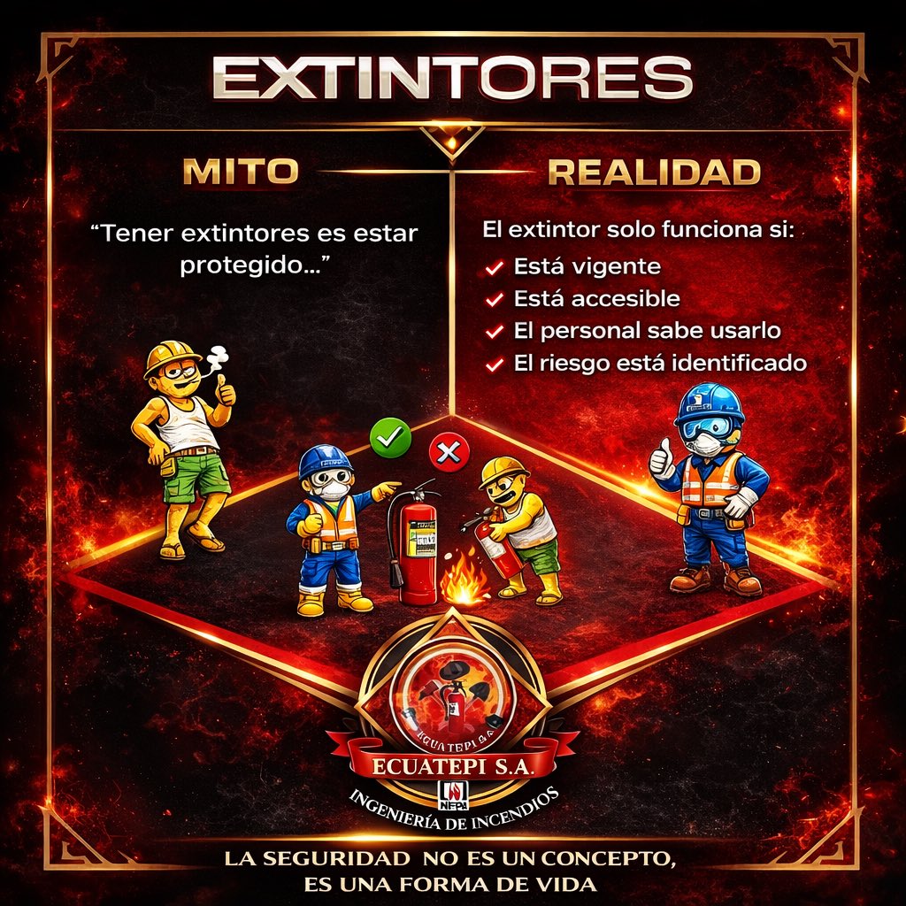 ecuatepi's tweet photo. 🔥 Mito vs Realidad sobre los Extintores 🔥  

Muchos creen que tener un extintor ya significa estar protegido, pero la realidad es diferente.  

✅ Debe estar vigente  
✅ Debe estar accesible  
✅ El personal debe saber usarlo  
✅ El riesgo debe estar identificado https://t.co/L1kD7XJpWB