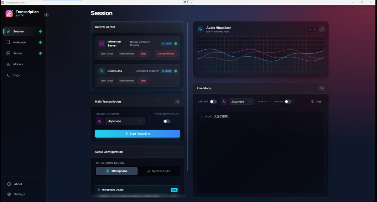 ローカルAI文字起こし環境つくった

TranscriptionSuiteっていうオープンソースの音声認識ツールを自宅PCに入れてみた。WhisperXベースでリアルタイム文字起こし、話者識別（誰が喋ったか判別）、録音ファイルの一括変換、Audio Notebook（LM Studio連携でメモ生成）まで全部入り