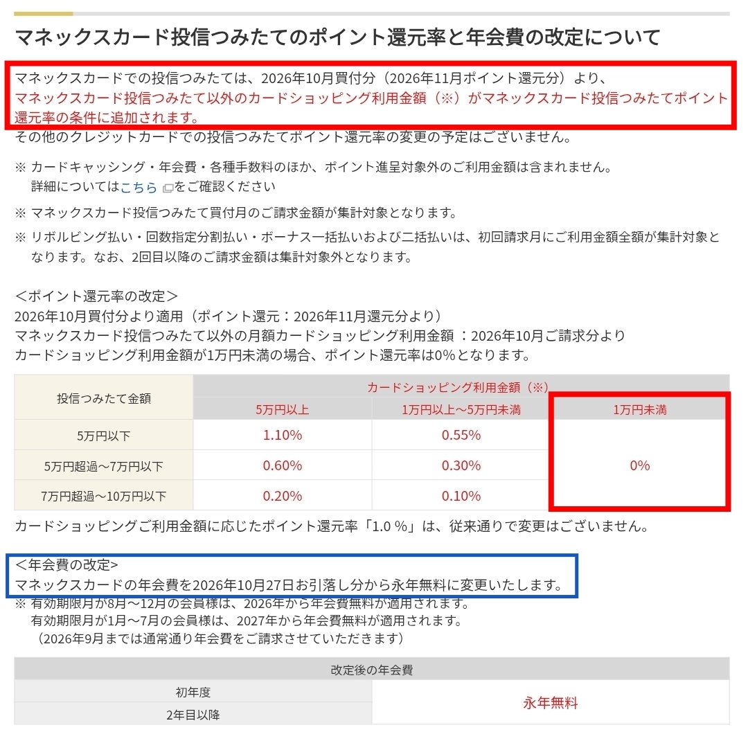 予告 (2026年10月買付分〜) 】 マネックスカード：ルール改定