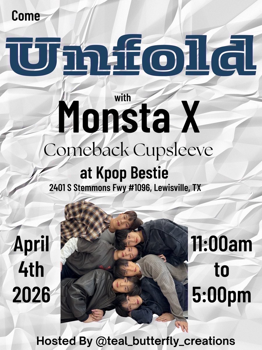 k_p0p_flutterby's tweet photo. Unfold with Monsta X Comeback Cupsleeve!! π©΅
Monbebe, come celebrate the new English album with us!!
Kpop Bestie Texas
April 4, 2026
11am to 5pm
Tiers and schedule will be posted soon. β°
#monsta_x #MONSTAX #monstaxcomeback #monbebe #kpopcupsleeve https://t.co/eX2KL7SAtt
