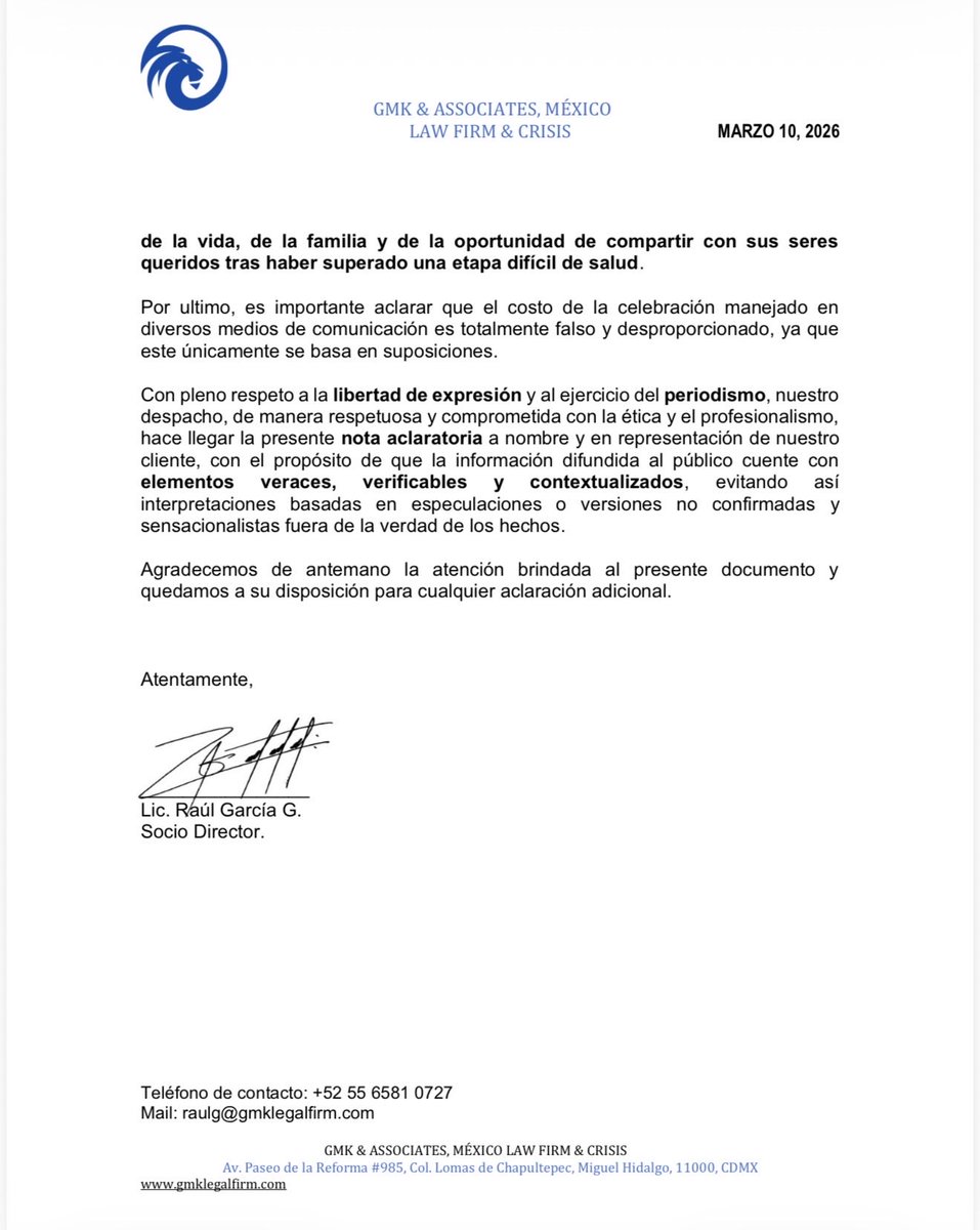 janupi's tweet photo. Con relación a la controversia generada el pasado domingo respecto de la celebración de los quince años de la
menor María Fernanda, en Tabasco, el despacho GMK &amp; ASSOCIATES, MÉXICO LAW FIRM &amp; CRISIS realiza las siguientes precisiones. https://t.co/uh6ZrrMOTU