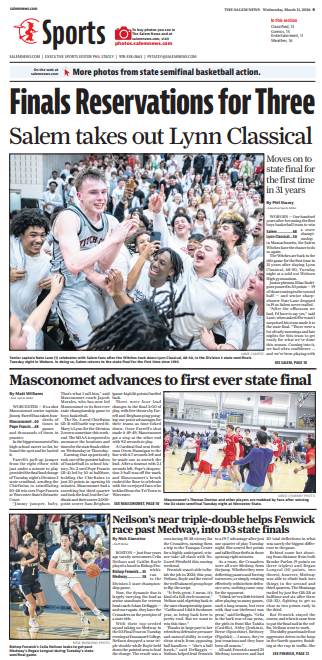 PhilStacey_SN's tweet photo. Salem boys, Masconomet boys, Bishop Fenwick girls basketball teams all win their respective state semifinal games on Tuesday and advance to the state finals this weekend.

Game coverage and photos from all three games in The Salem News. Buy it Wednesday to read all about it. https://t.co/GclPP8eZur