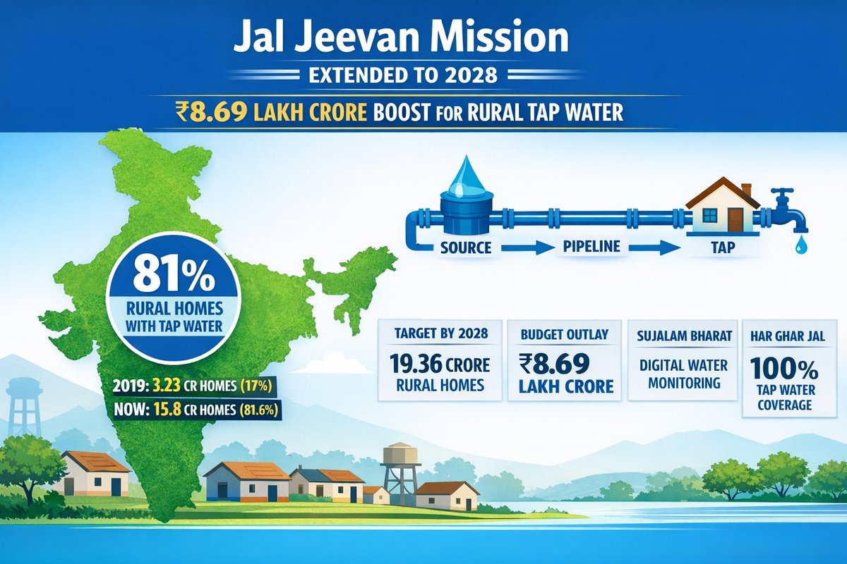 TheFinChest_'s tweet photo. ⚡𝐓𝐡𝐞𝐅𝐢𝐧𝐅𝐥𝐚𝐬𝐡 | 𝐌𝐚𝐫𝐜𝐡 𝟏𝟏
India extends Jal Jeevan Mission till 2028 with a massive ₹8.69 lakh crore outlay.

🚰 Rural households with tap water:
2019 → 17%
2026 → 81.6%
Target: 100% rural tap water for 19.36 crore households by 2028
#jaljeevanmission #india https://t.co/lURYjlDwy0